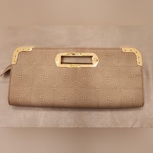 Tan BCBG MAX AZRIA Clutch with Gold Accents